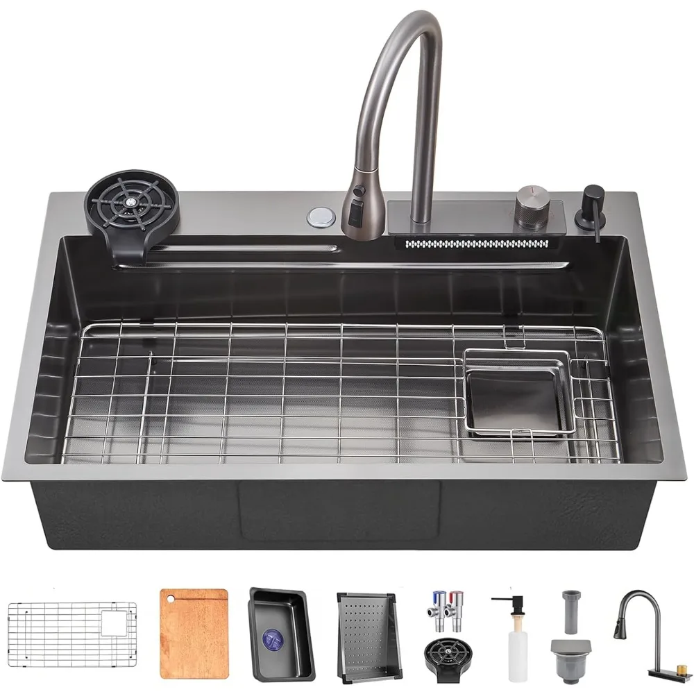 30x20 Inch Kitchen Sink, Multifunctional Sinks with 2-in-1 Waterfall Faucet and Various Accessories, Kitchen Sink