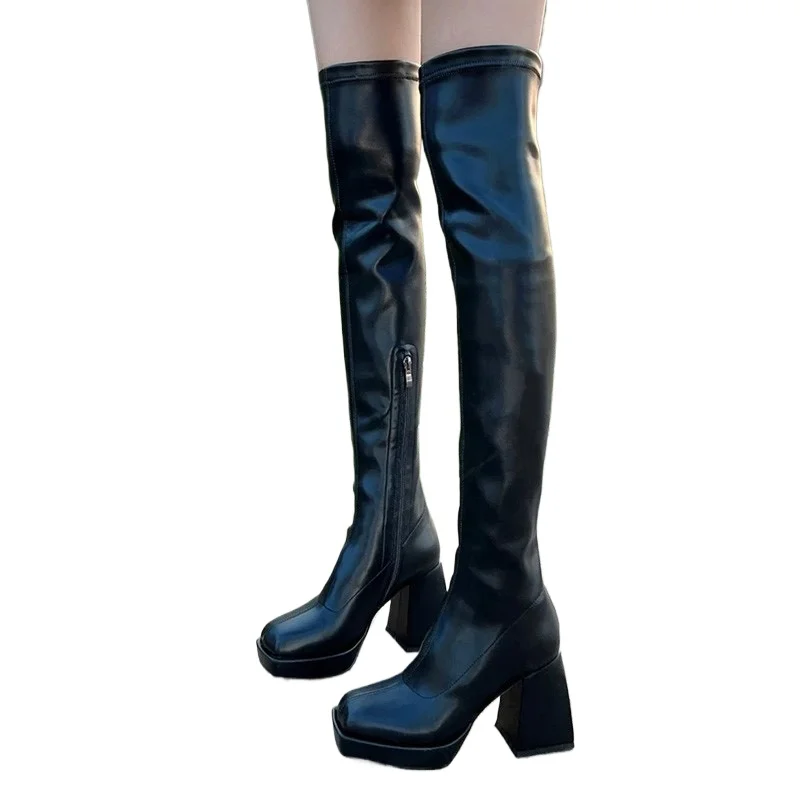 

Autumn Winter New Popular Street Style Stretch Over The Knee Boots Women Fashion Round Toe Square Platform Heels Long Booties