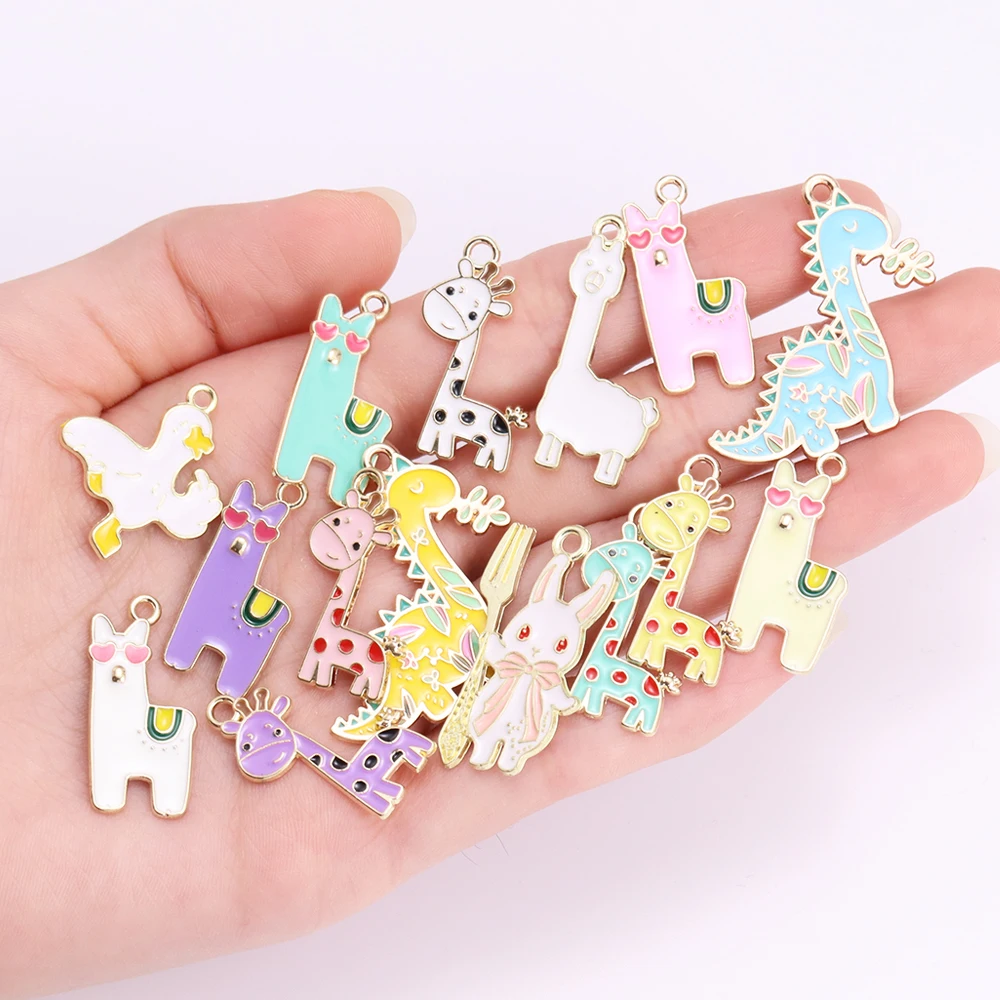 Mixed 15Pcs Cute Animal Enamel Giraffe Alpaca Charms Pendants for Earrings Necklace DIY Jewelry Making Accessories Wholesale