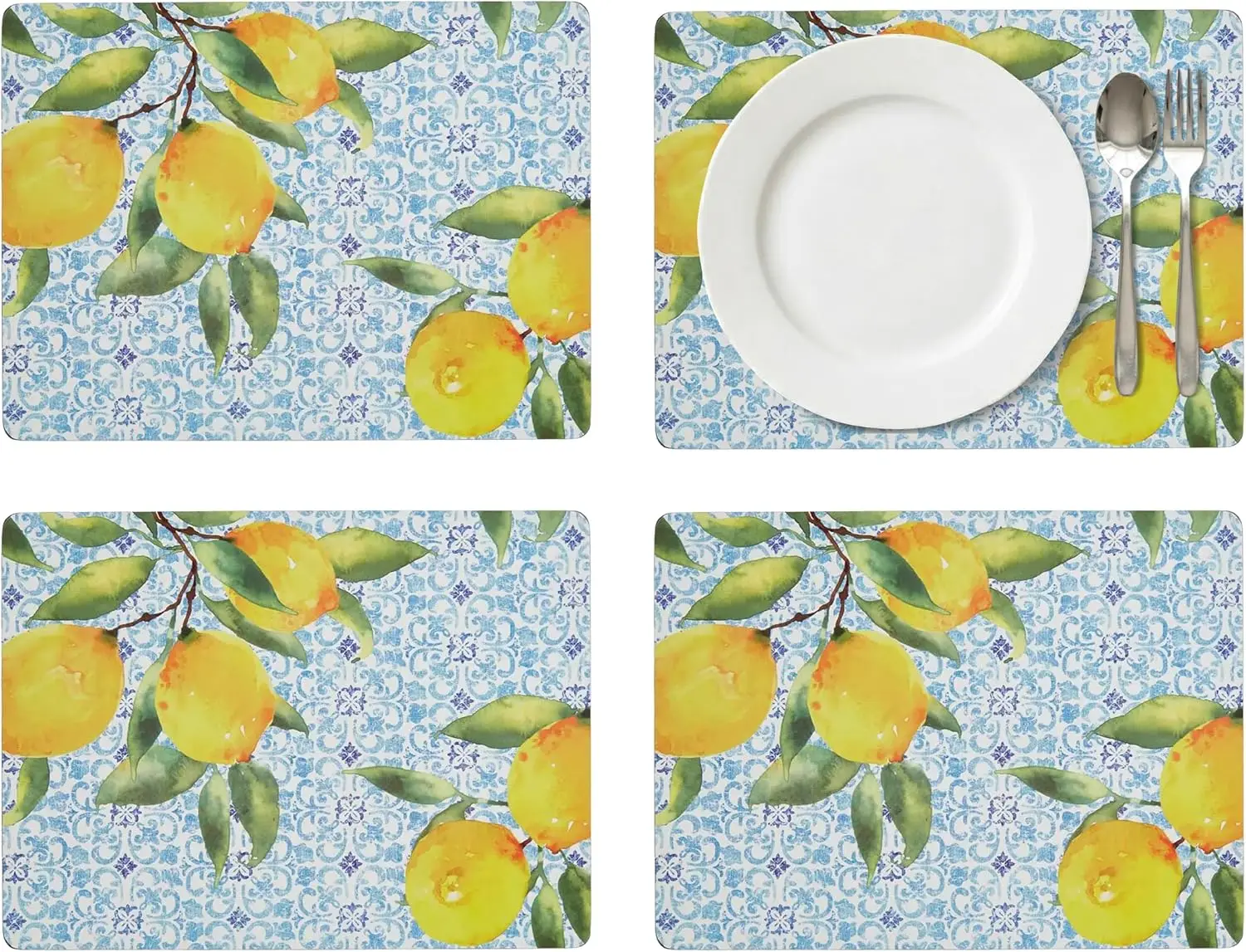 Mediterranean Lemon Placemats Set of 4 – Heat Resistant, Cork Back, Yellow Blue Tile Design