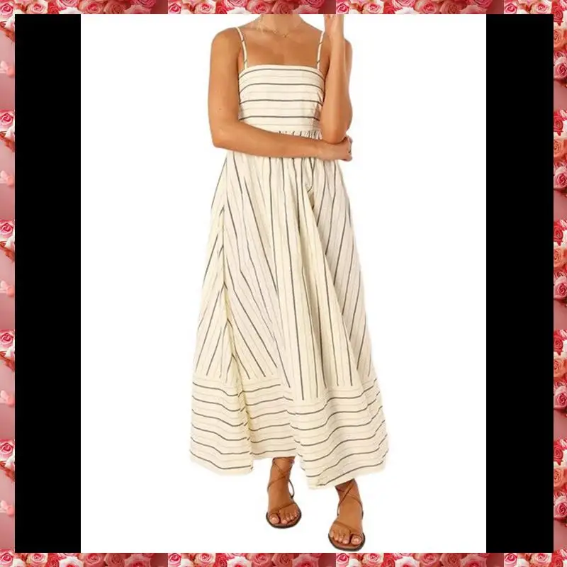 Women's Striped Back Smocked Maxi Dress Spaghetti Strap Cut Out Flowy Swing Long Dress