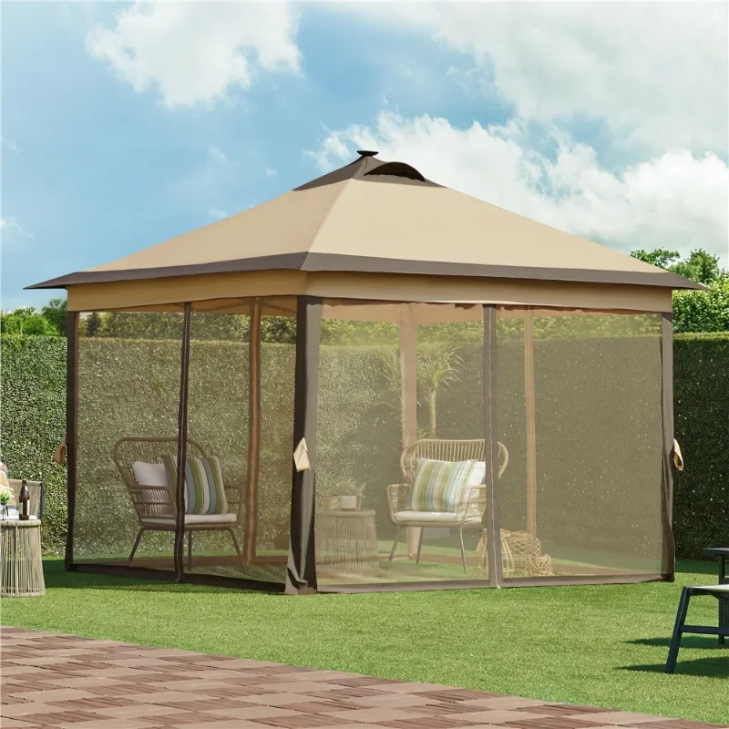 Easyfashion 11x11ft Garden Gazebo Canopy with Mesh Netting & LED Lights, Khaki