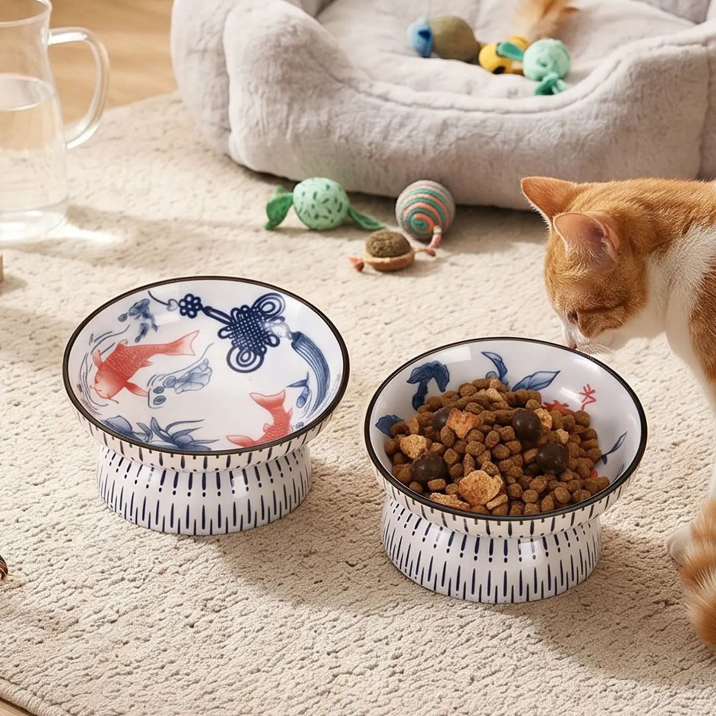 Cute Tilted Elevated Ceramic Pet Bowl Chinese Blue White Fish Pattern Raised Cat Dog Feeding Bowl Anti Vomiting Food Water Dish view 4