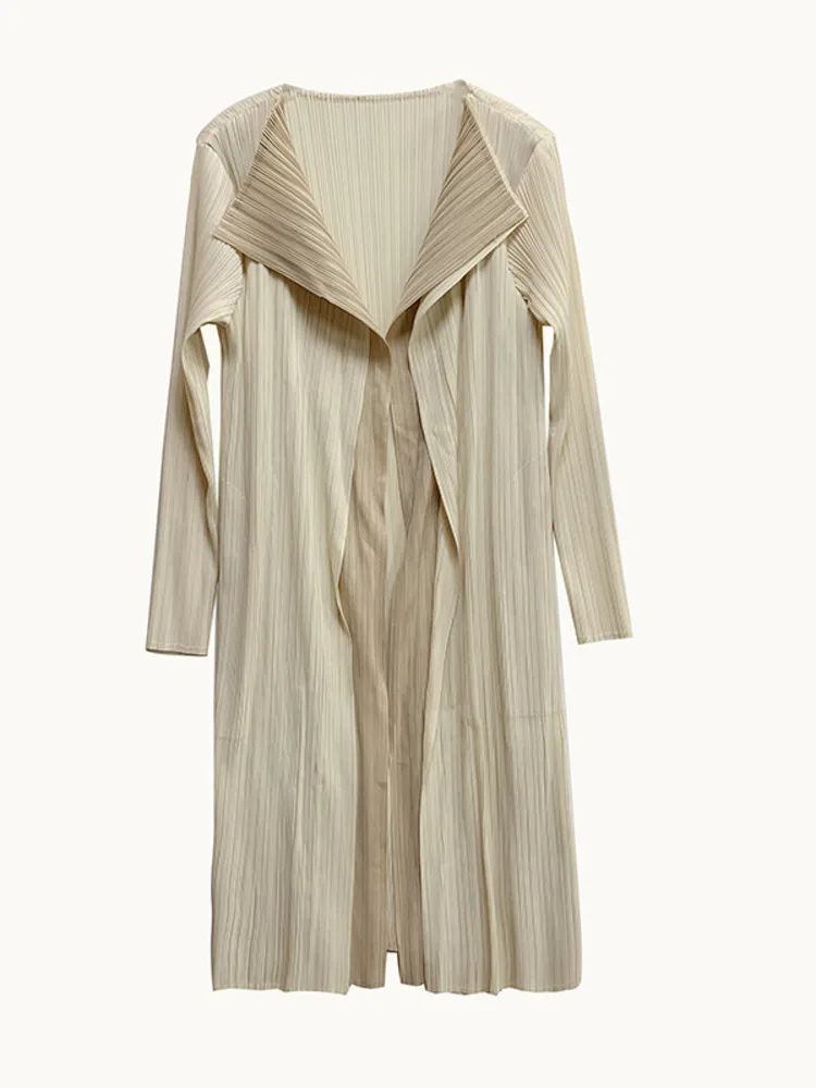 Miyake Double Layer Color Block Pleated Trench Coat Women Long Sleeve Lapel Medium Long Cardigan Elegant Windbreaker Lady