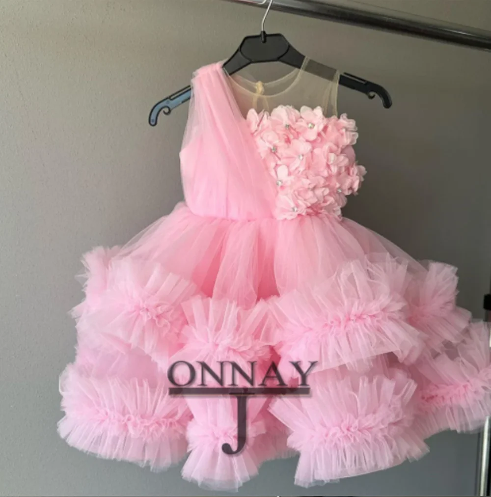 

Pink Fluffy Layered Long Sleeved Single Shoulder Sequin Flower Girl Dress Wedding Cute Flower Child Communion Party Dress