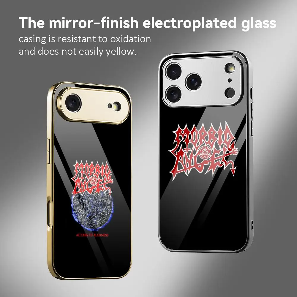 

M-MORBID ANGELS LOGO Phone Case For IPhone 17 16 15 14 13 12 Pro Max Plus Electroplated Metal Bumper Case Tempered Glass Back