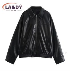 Bomber Faux Leather Jacket Coat Women 2024 Autumn Fashion Loose Zipper Pockets Female Solid Long Sleeve Casual Outerwear Tops