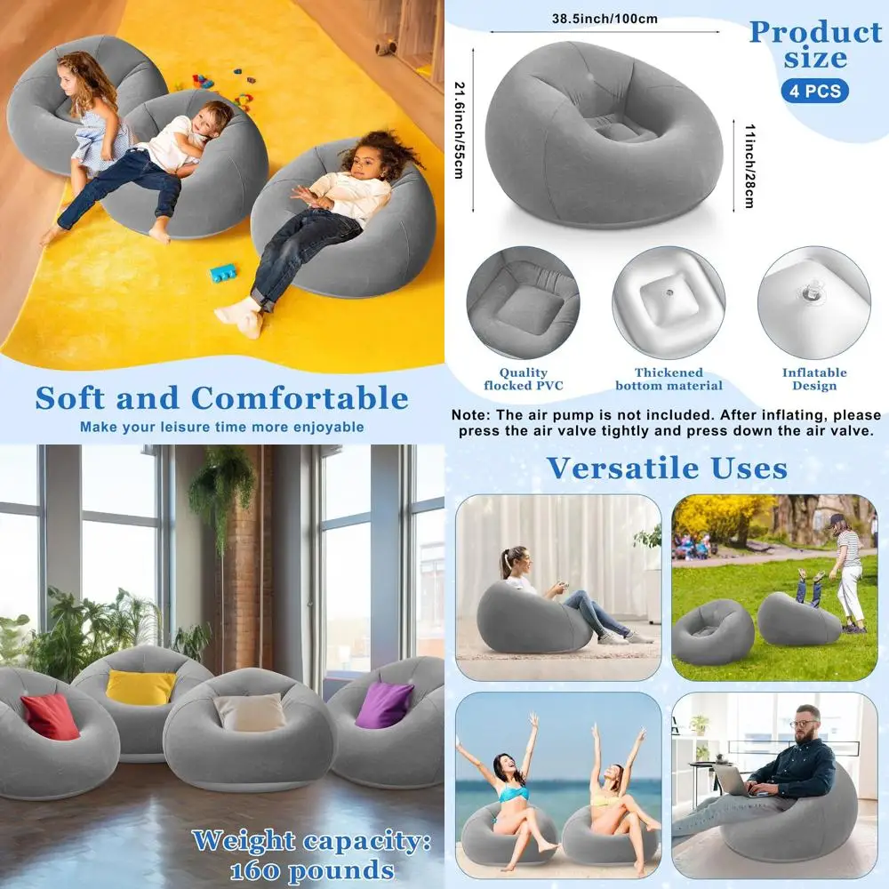 Portable Inflatable Outdoor Bean Bag Chairs - Folding Lazy Sofa Loungers for Camping, Movie Nights (Dark Gray, Set of 4)