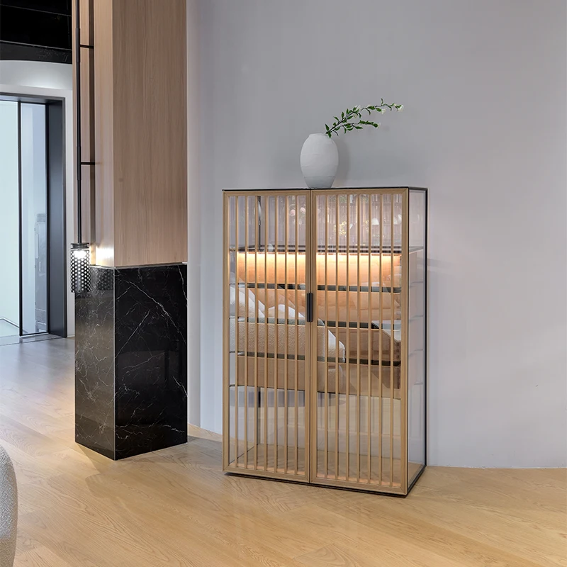 

Customized Modern Home Decor Red Wine Display Rack Wood Metal Design With Glass Door Display Rack For Home