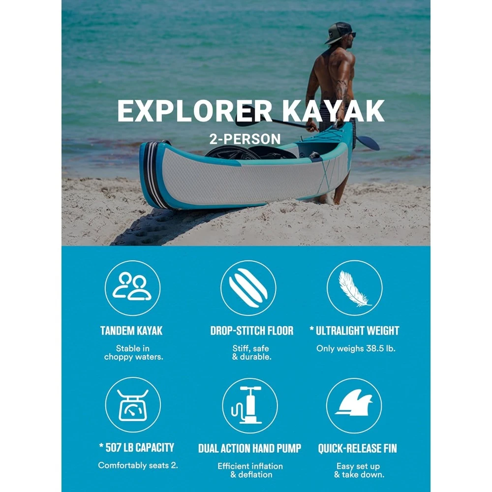 Kayak tiup 2 orang dewasa Drop Stitch Kayak Tandem | Dengan dayung aluminium, kursi, pijakan kaki, pompa, sirip, Explorer 13.77ft