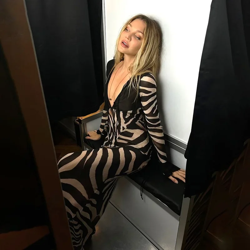 Women Sexy Zebra Stripes Print Sheer Mesh Patchwork Maxi Dress Lace Up V Neck Flare Full Sleeve See Through Club Party Long Robe
