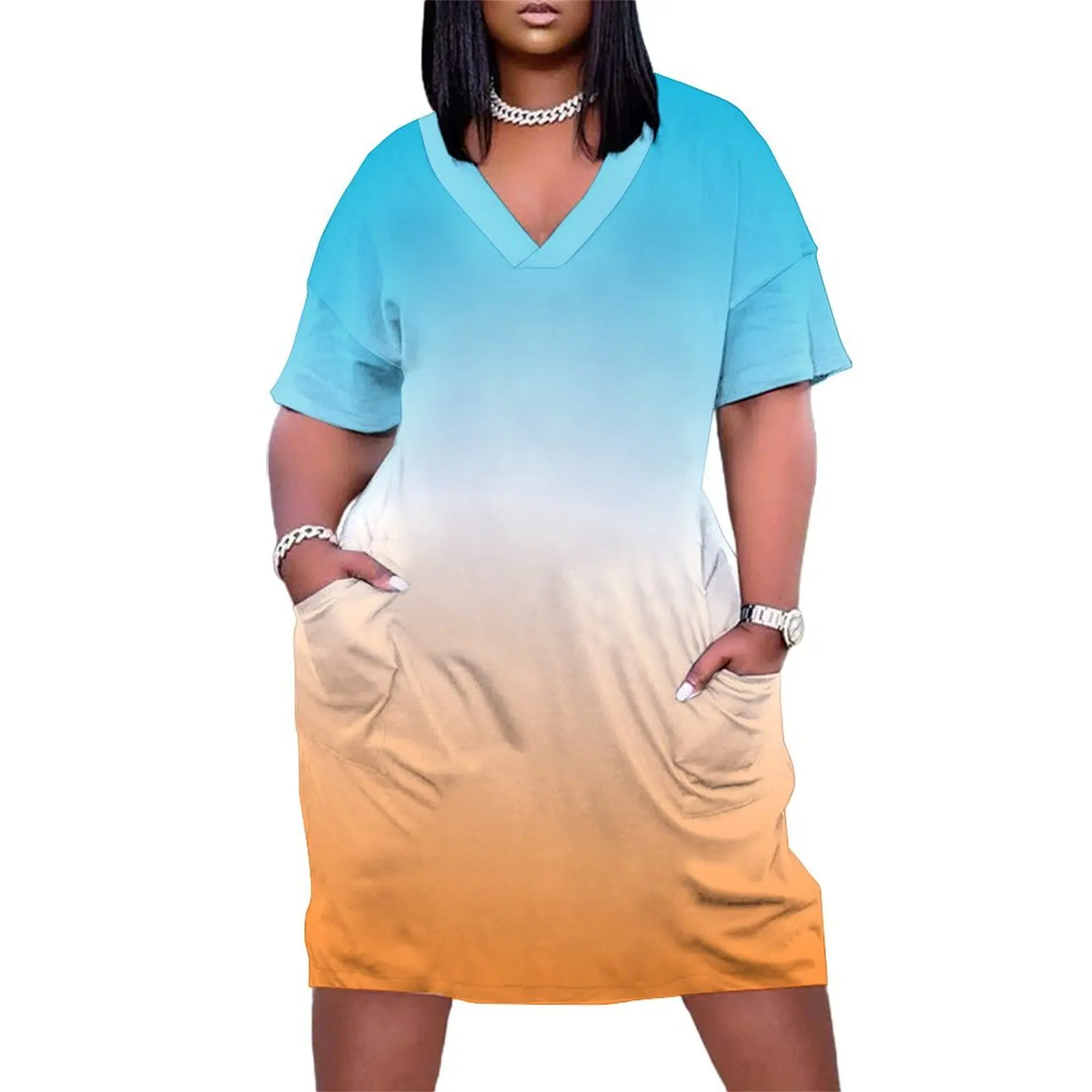 

Blue White and Orange Ombre Gradient Loose Pocket Dress purple dress elegant dresses for women