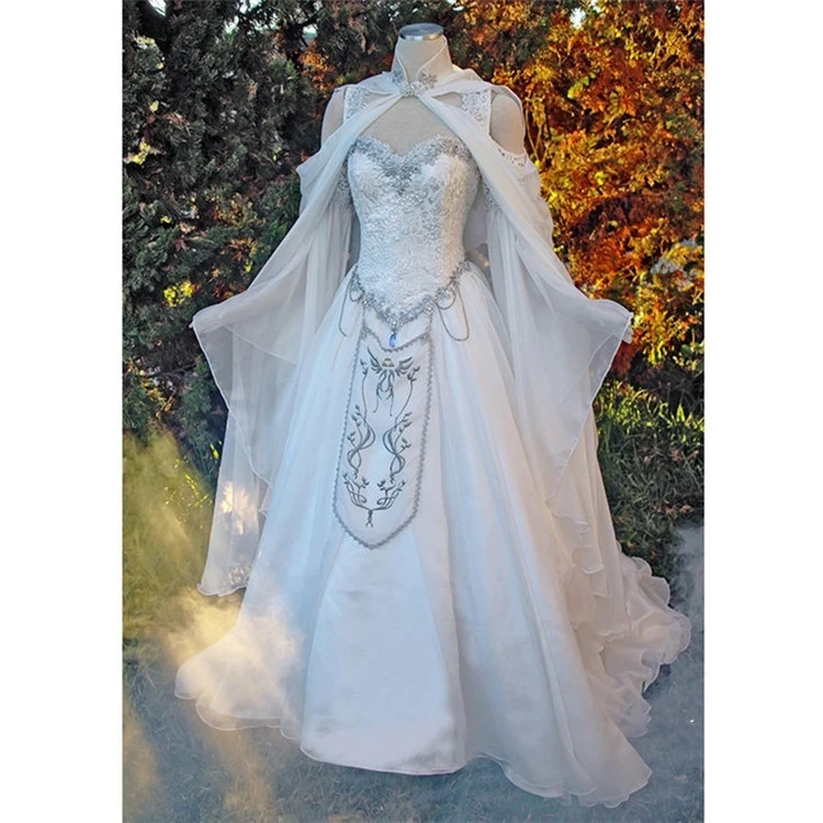 ชุดแต่งงานยุคกลาง Elven Cape เสื้อคลุม Hood Fairy แขนยาวเย็บปักถักร้อย Renaissance Fantasy Victorian ชุดเจ้าสาว customsize