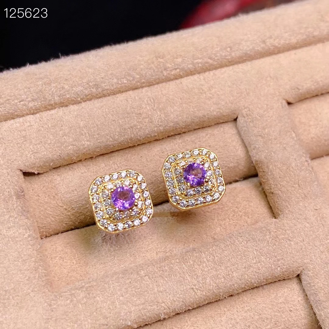 Allergy Free 925 Silver Square Stud Earrings for Daily Wear 3mm 0.2ct Natural Amethyst Earrings with 3 Layers 18K Gold Plated