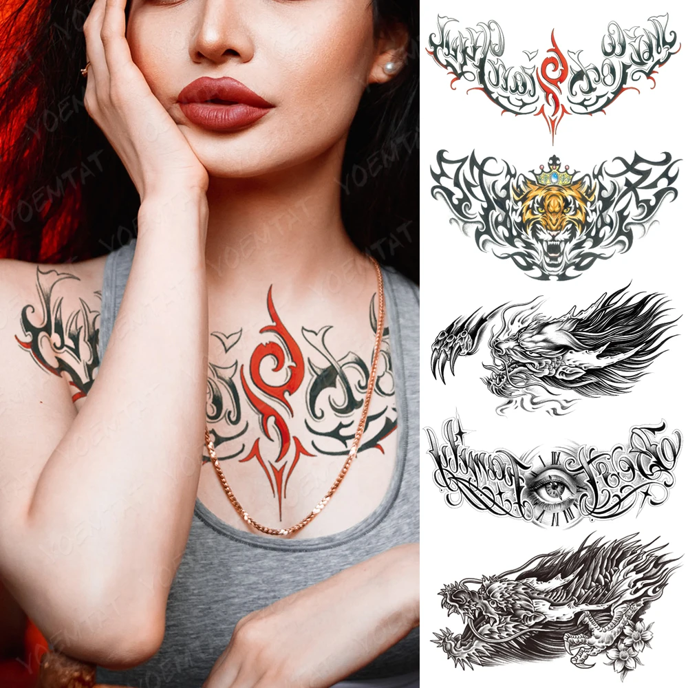 

Large Chest Tattoo For Men Black Red Gothic Thorn Letter Word Waterproof Temporary Tatoo Sticker Waist Art Women Fake Tattoos