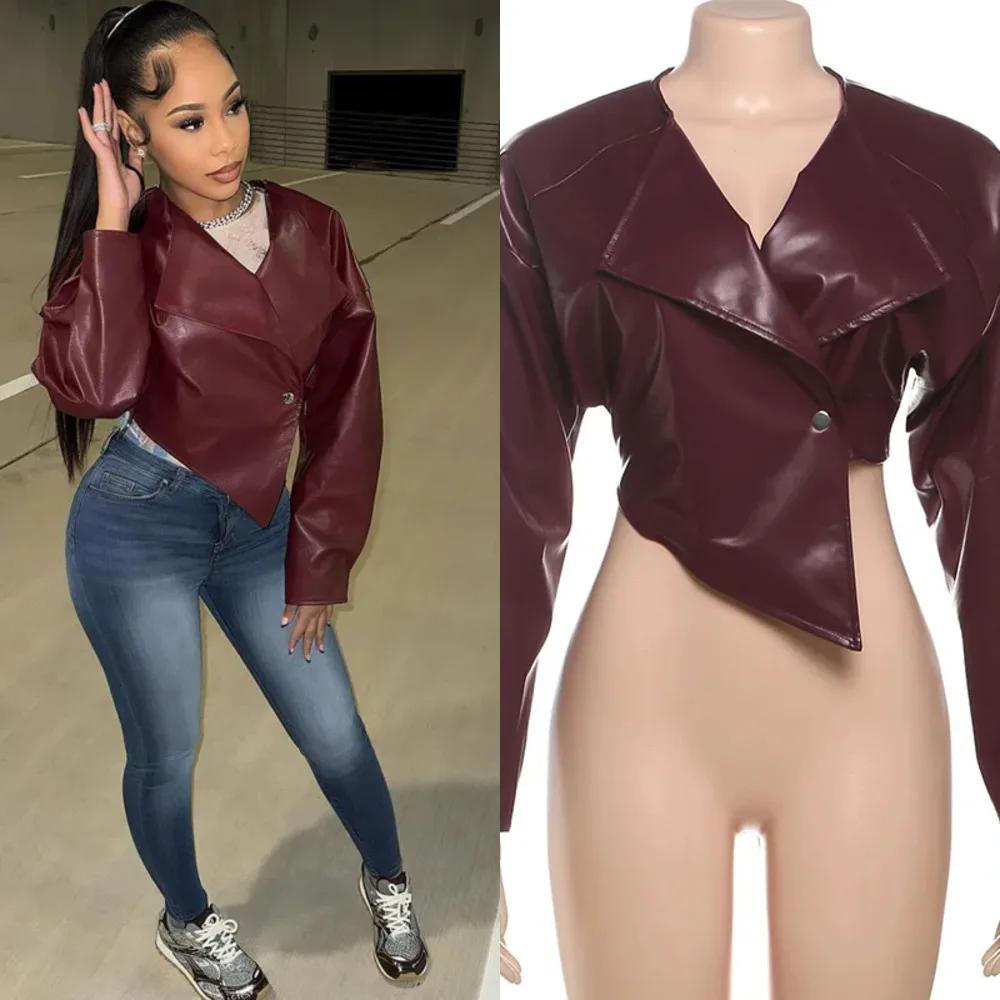 

2025 Fall Winter Vintage Faux Leather Jacket Women Single Breasted Loose Cropped Moto Coat Long Sleeve Short Outwear Fashionable