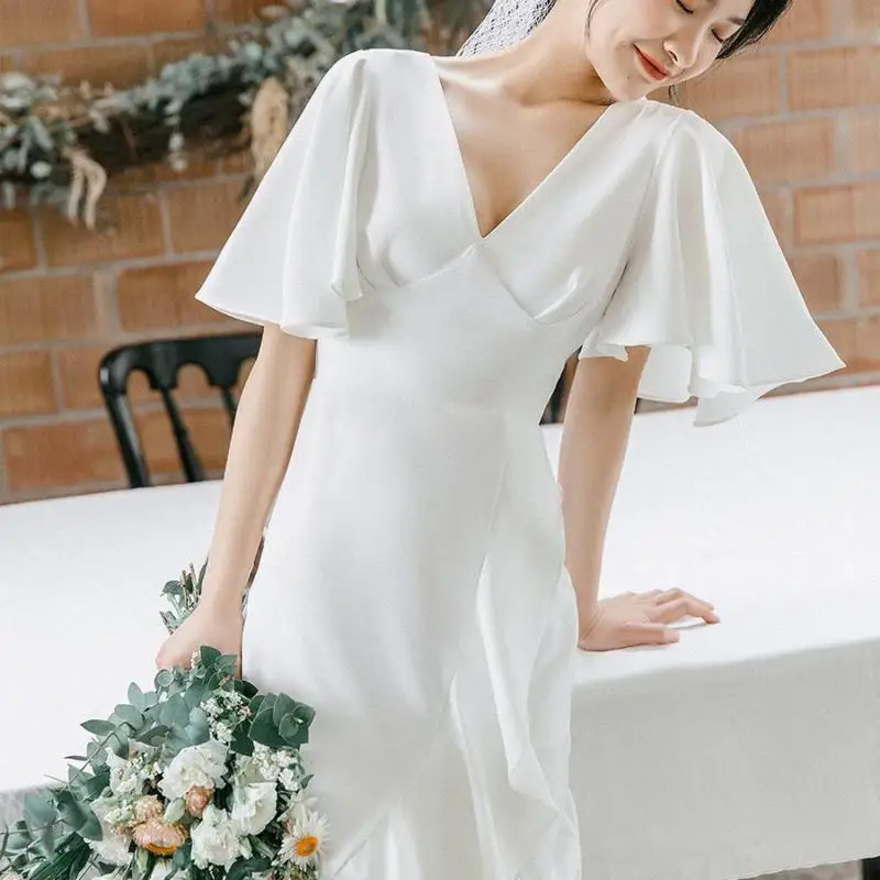 Sexy V-neck Backless Wedding Dresses Newest Simple Formal Evening Dress With Ruffles Sleeve Elegant Bridal Dresses Customized