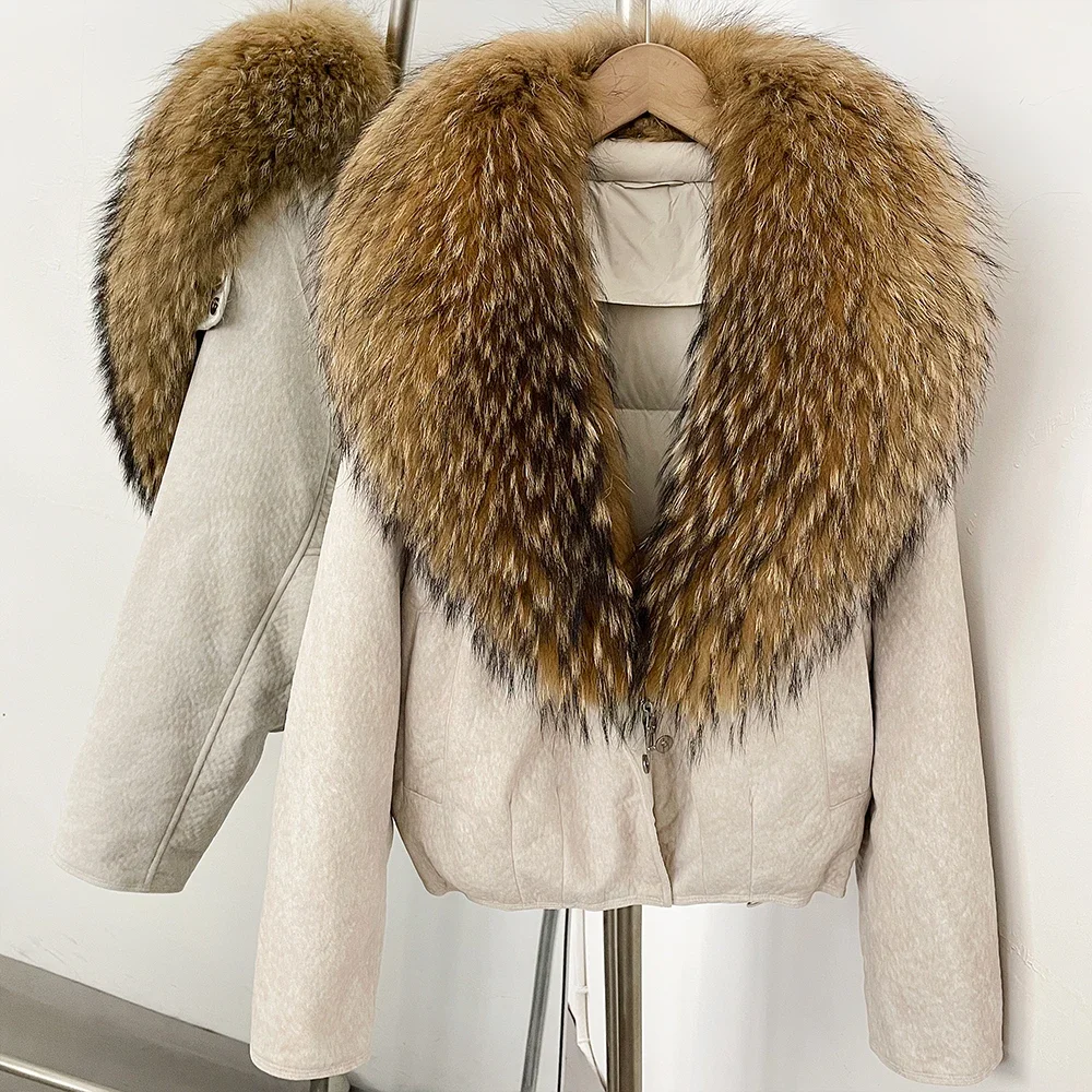 OFTBUY Großer Natürlicher Pelzkragen Dicke Vintage-Jacke Damen Entendaunen-Parka mit Pelz für Frauen Kurze Lose Daunenjacke – Detail 25