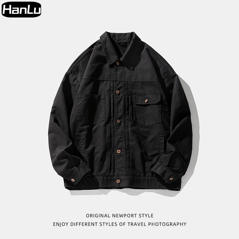 Men's Korean Fashion Street Clothing Multi Pocket Shirt Jacket Coat Plus Size Men's Harajuku Casual Black Polo Top