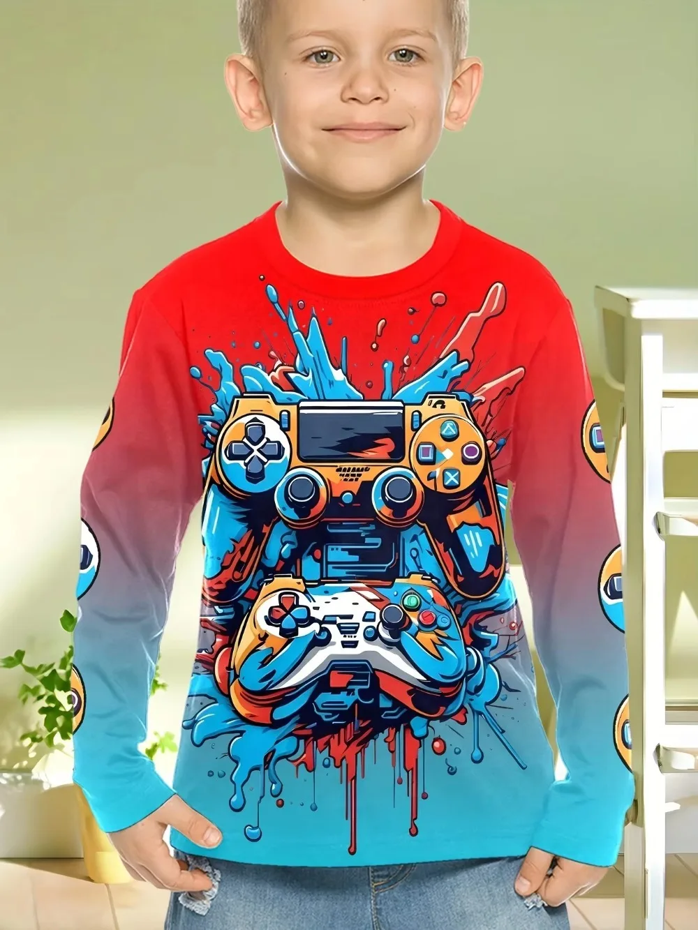 Children's   Long Sleeve Cool Gamepad Pattern PrintKids 3D Print Spring Fall Clothes Novelty Boy Clothes O-Neck Tops