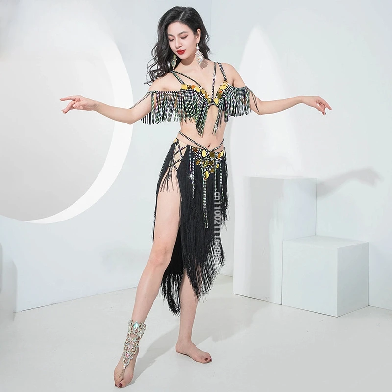 New Belly Dance Performance Dress Top Skirt Triangle Tassel Dynamic Skirt Girls Belly Dance Stage Performance Dress Set