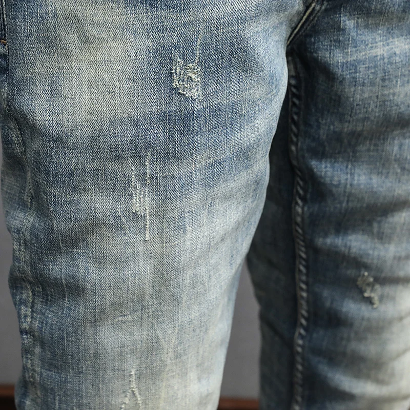 Fashion Designer Men Jeans High Quality Retro Washed Blue Stretch Slim Fit Ripped Jeans Men Patched Vintage Denim Pants Hombre