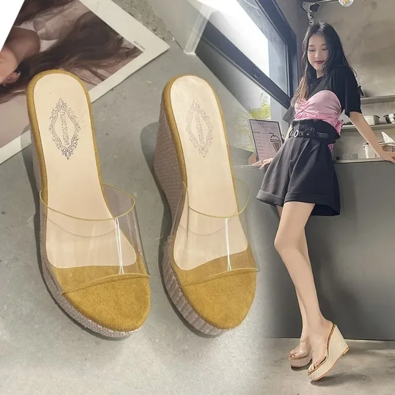 2024 Women Shoes High Heels Transparent Slippers Low Platform on A Wedge Women Heels Slides Block High Soft Casual Rome  Sandals