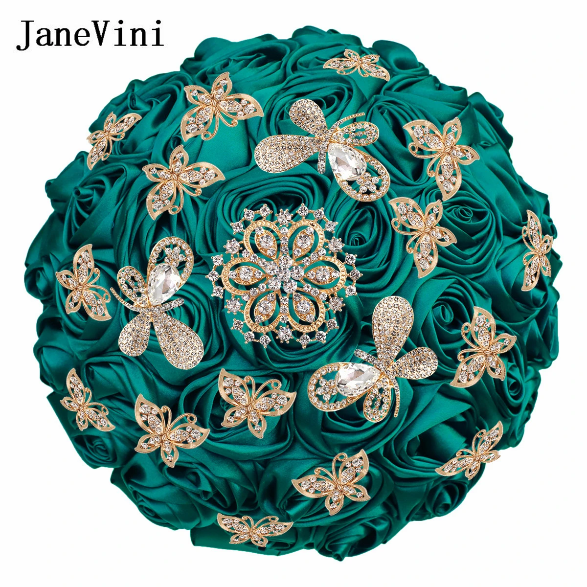 JaneVini Luxurious Navy Blue Bridal Wedding Bouquet with Crystal Rhinestones Satin Rose Flower Bridal Bouquet Bride Accessories