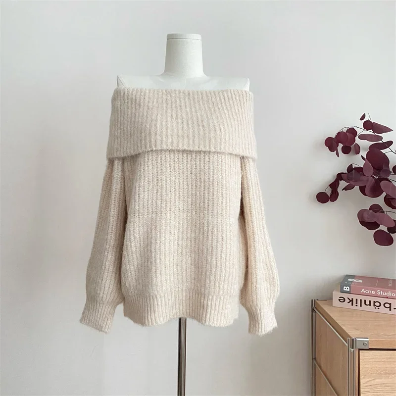 New Sexy Offer Shouder Knitted Womne's Sweater Elegant Slash Collar Long Sleeve Solid Color Wool Pullover Casual Knitwear Tops