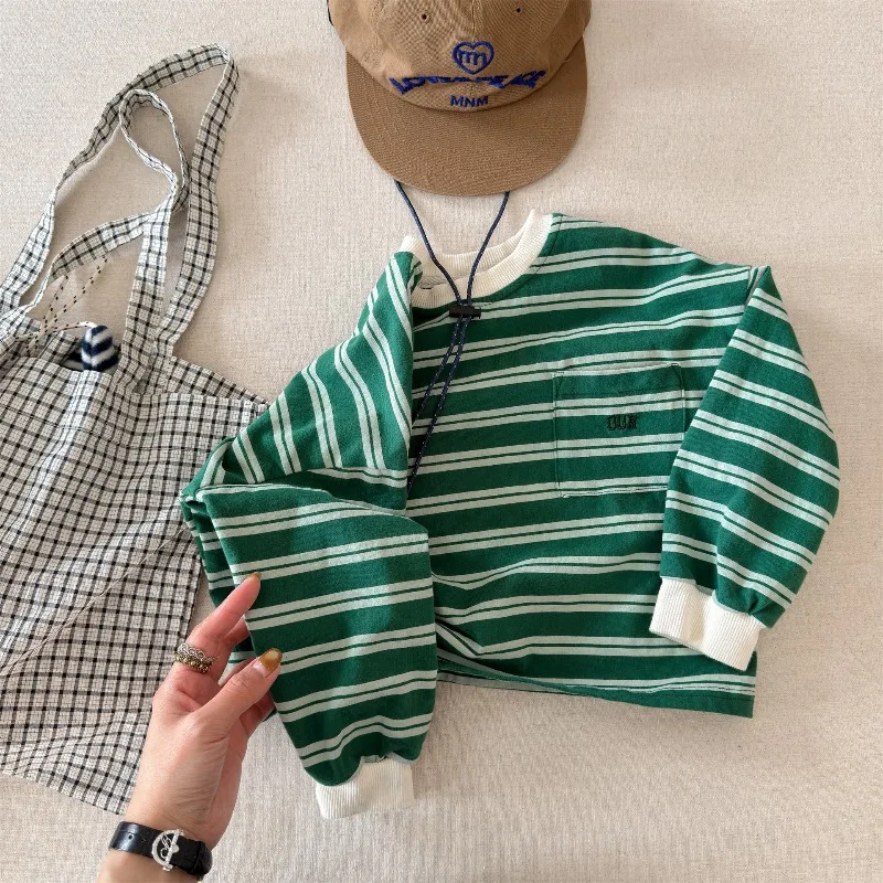 Herbst Baby Jungen Langarm Herbst Kleinkind Jungen Gestreifte Basic-Shirts Lockerer Rundhalskragen 1-6 Jahre Jungen Pullover Sweatshirt – Detail 9
