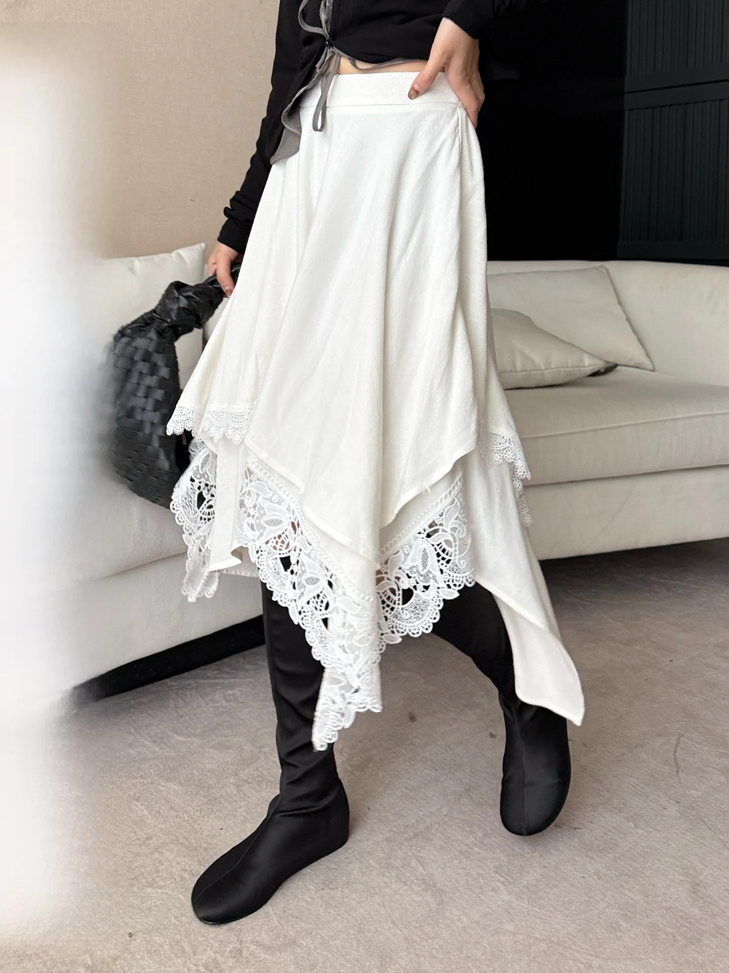 

Юбка женская осенне-зимняя из льна с эффектом похудения, асимметричная, с кружевной отделкой, удлиненная, повседневная, с высокой талией, А-силуэт