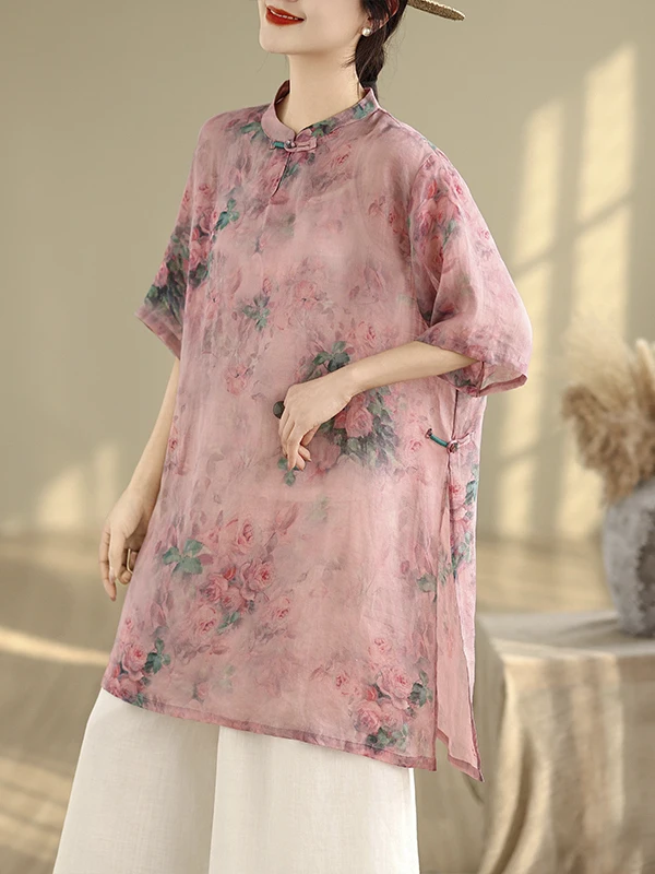 Flachsdruck Anti-Aging Tea irt Damen Große Größe Knopf Stehkragen Mittellanges Sve Blumenoberteil Bequeme Freizeitkleidung
