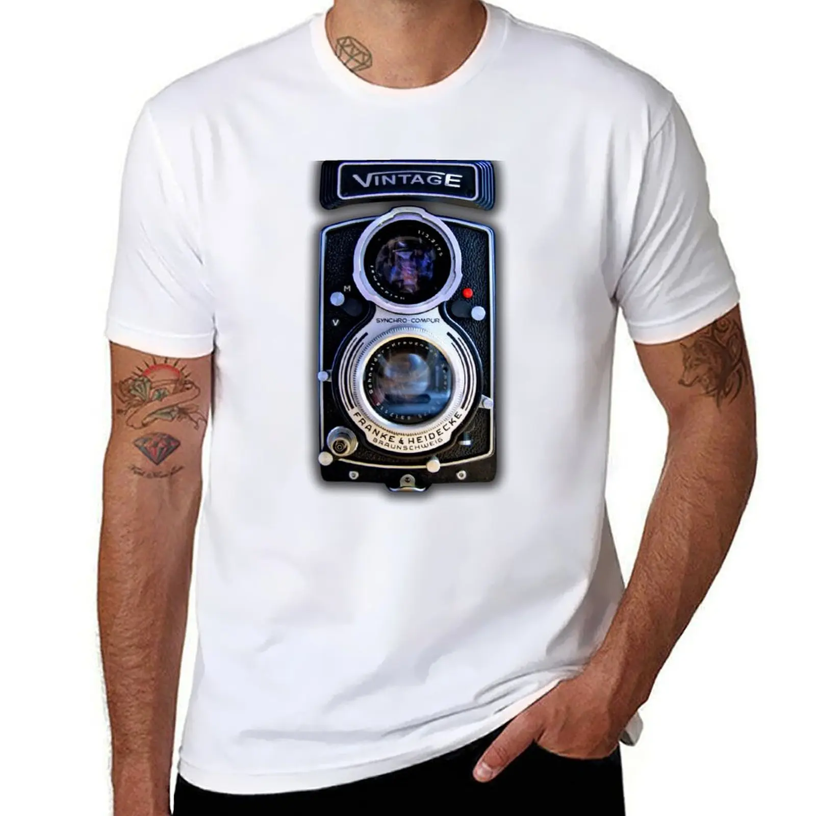 

Classic Black Silver Double lens camera T-Shirt man graphic t shirt man t shirts cotton T-Shirt