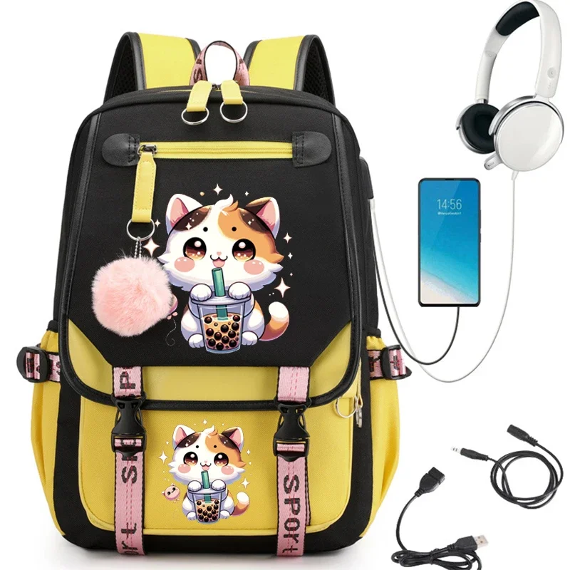 College Students Backpack Girl Travel School Backpack Fashion Leisure Bagpack Boba Anime Cat Laptop School Bags Usb Bookbags