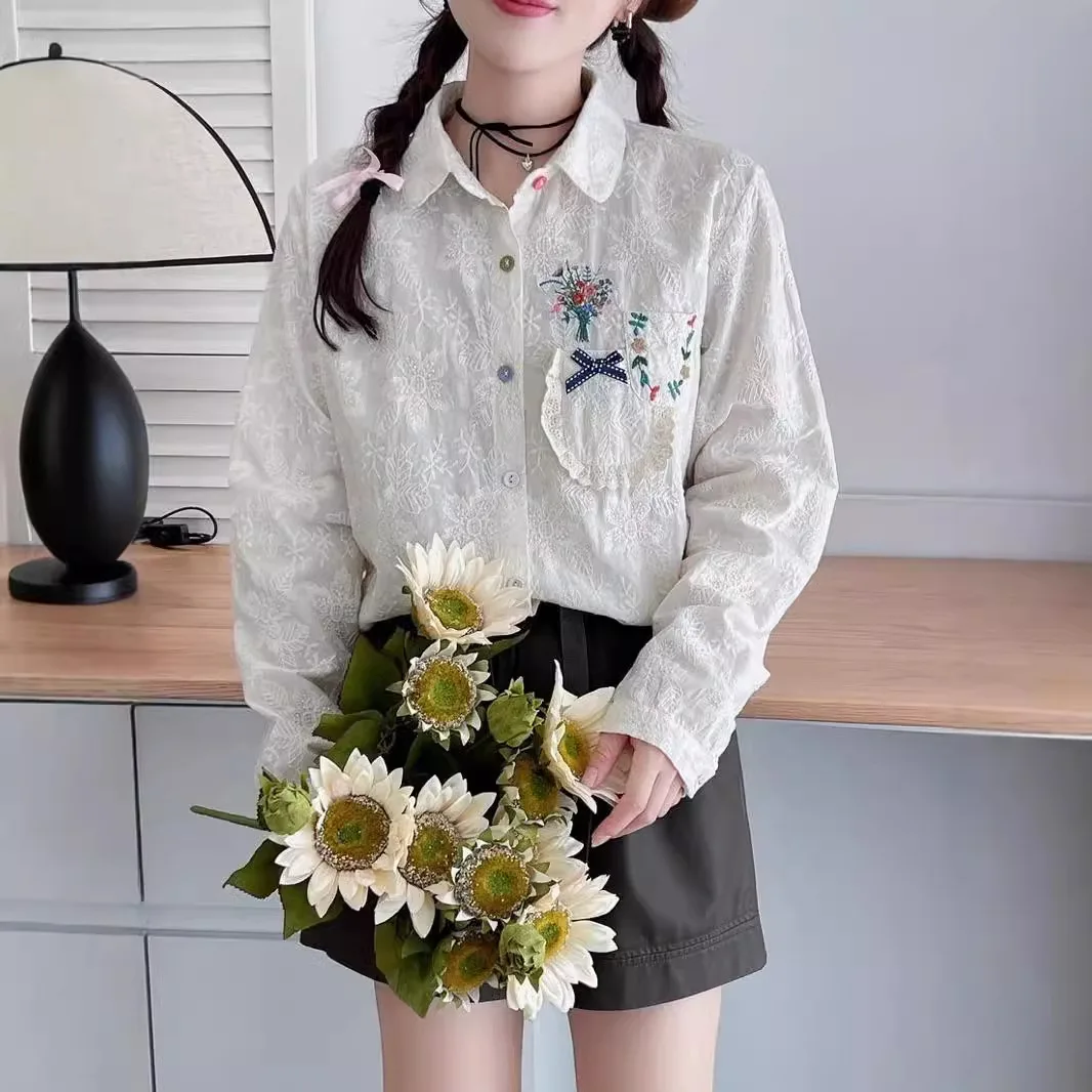 Autumn Japan Style Sweet Lolita Lace Flower Embroidery Cotton Shirt Women Mori Girl Turn Down Collar Long Sleeve White Blouse