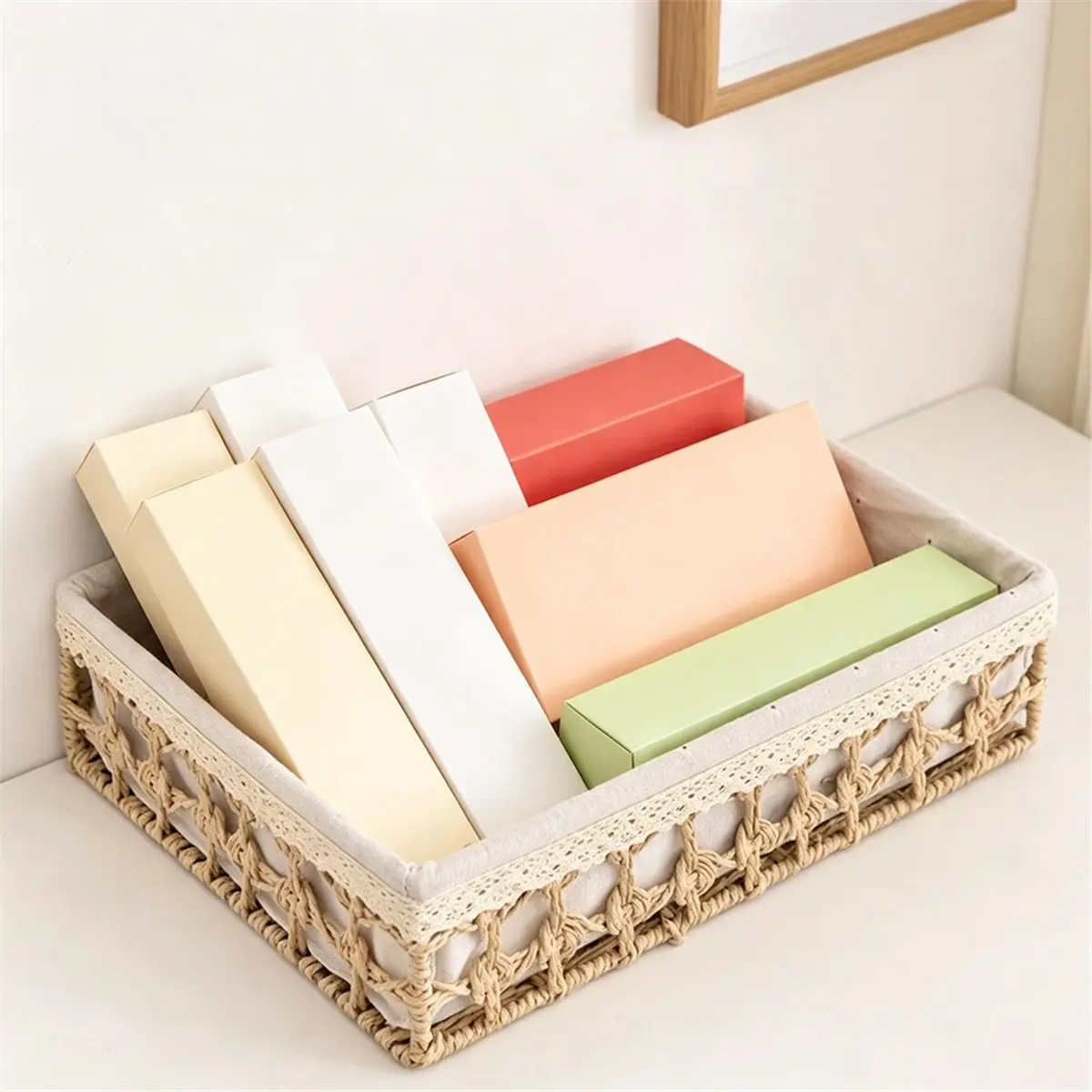 Hand Woven Desktop Weaving Basket Hollow Out Cosmetics Organizer Tray Stylish Rectangular Straw Storage Basket Bin