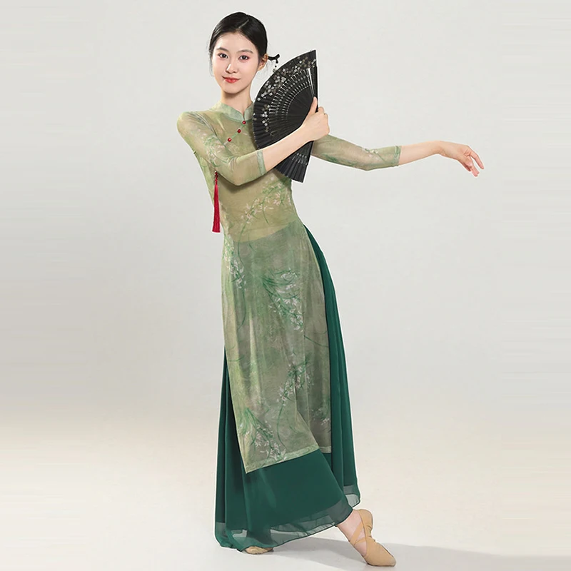 

Elastic Mesh Classical Dance Clothes Chinese Traditional Cheongsam Outfit Folk Dance Practice Garment Stage Performance Costume