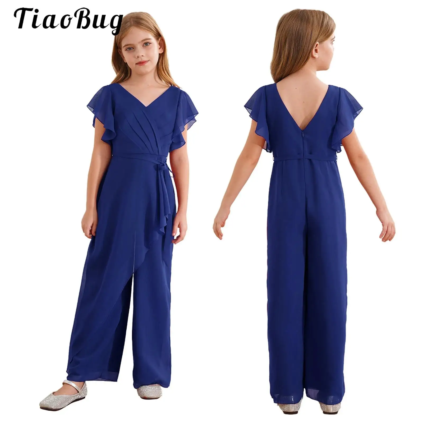 

Girls Casual Jumpsuits Summer Chiffon Ruffled Short Sleeve Wide Leg Loose Rompers High Waist Overlay Bodysuit for Party Banquets
