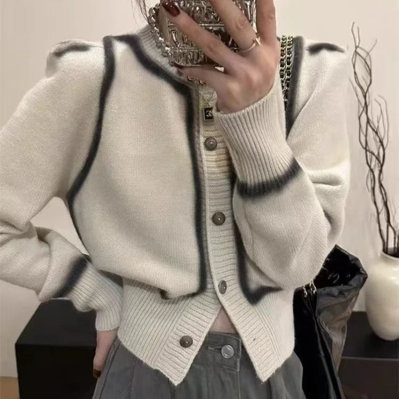 Women's 2026 Autumn Winter Tie Dye Tweed Knit Cardigan Round Neck Cropped Thick Warm Elegant Chic Coquette Trendy Top