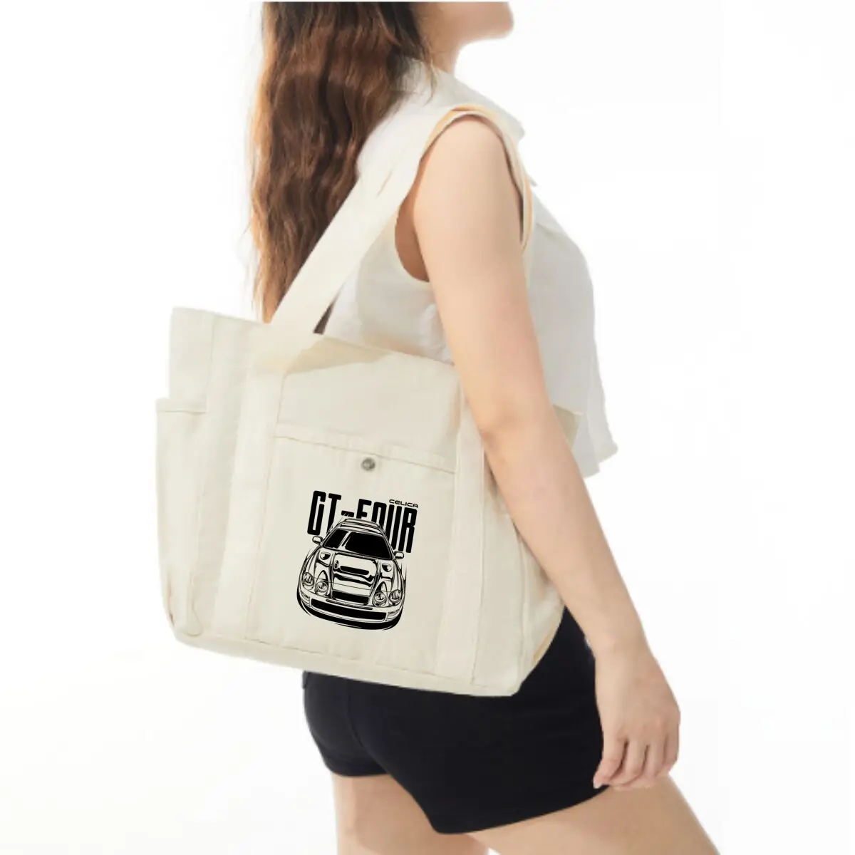 GT - Four Car Auto Art Design Canvas Multi-Pocket Shoulder Bag Shopping Grab-and-Go Bag