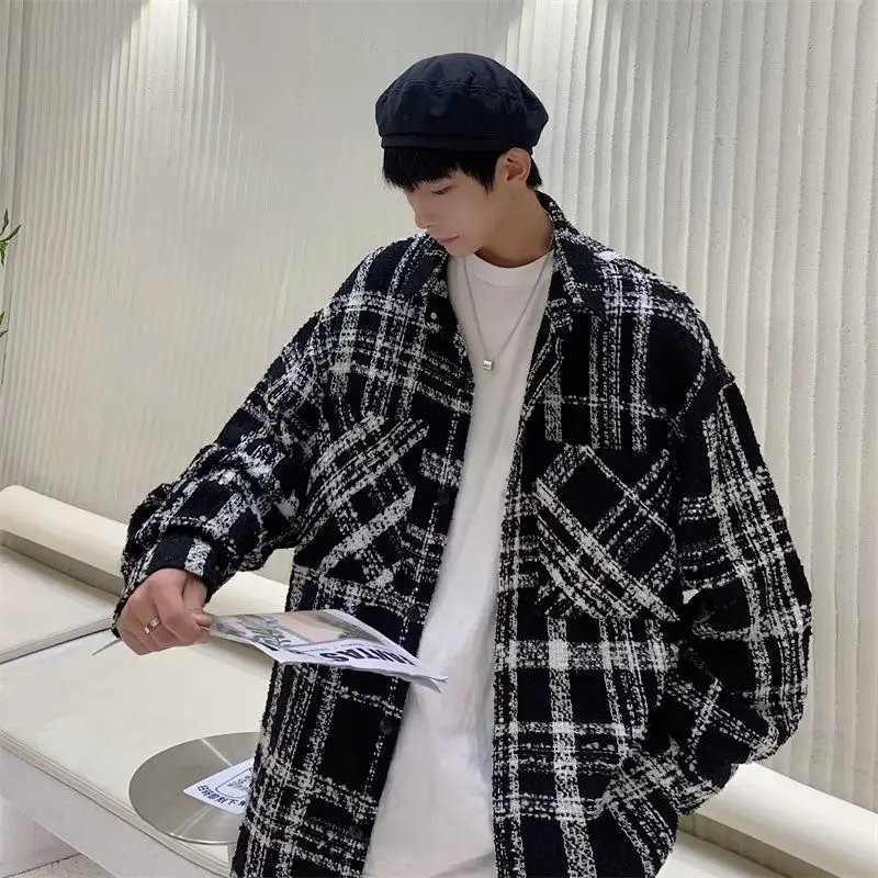 

Мужское весеннее шерстяное пальто Bla White в клетку Jaet Little Fraance Sle, верхняя одежда для пар, повседневная свободная посадка Long Sve