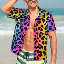 Rainbow Leopard Beach Shirt Mens Animalier Print Casual Shirts Hawaiian Short Sleeve Custom Cool Oversize Blouses Gift