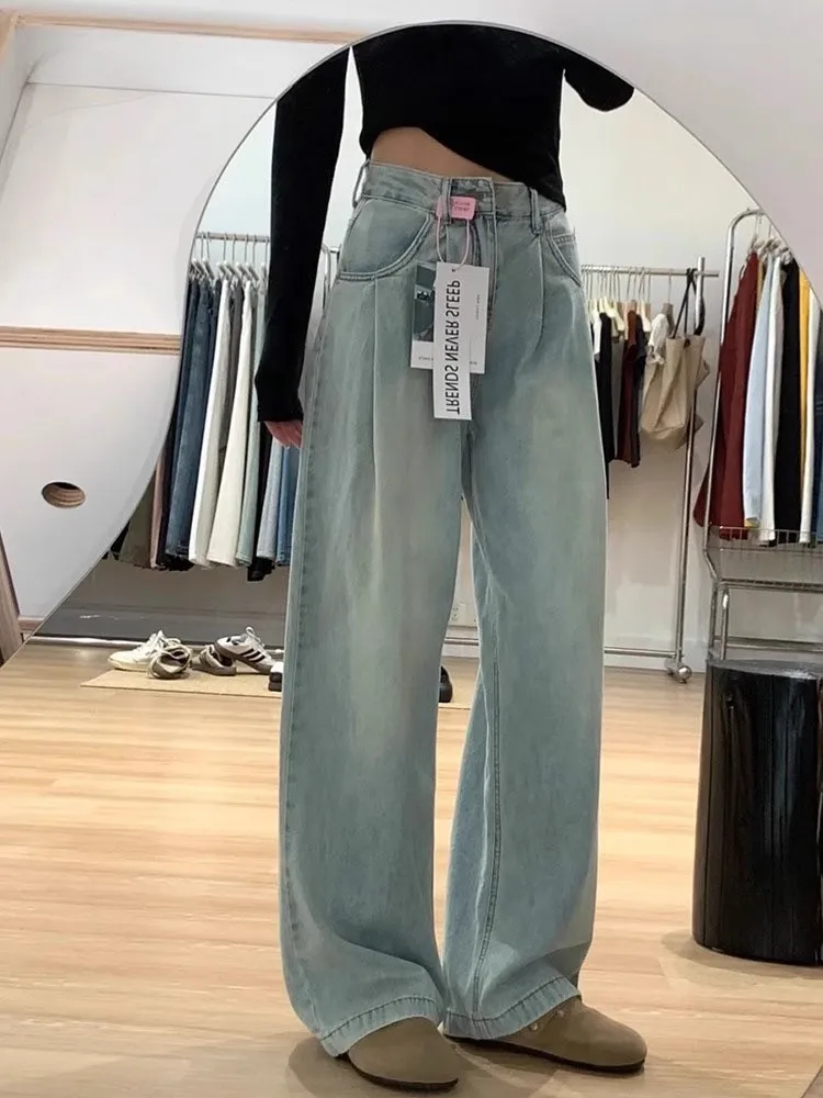 

plus Size Women's Summer Thin High Waist Straight Leg Loose Jeans Casual Wide Leg Pants Floor-Length Casual Trousers