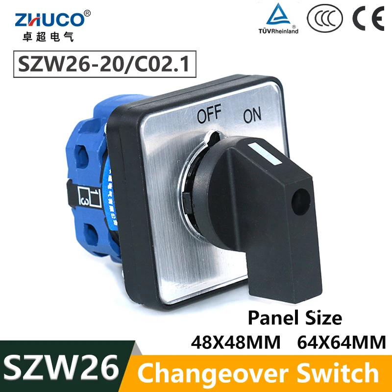 

ZHUCO SZW26/LW26-20 20A 660V OFF-ON One Pole Two Position 64X64 48X48 mm Panel Electric Rotary Universal Changeover Cam Switch