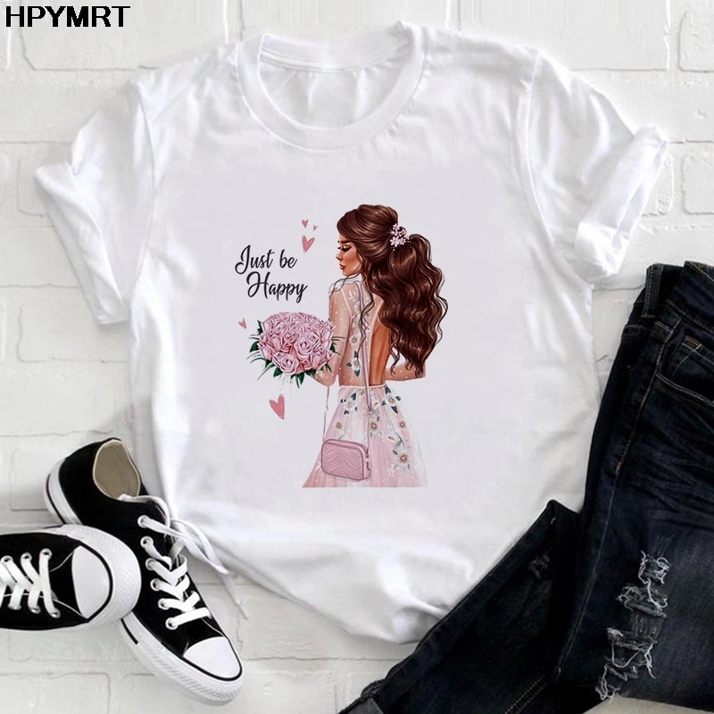 Women Lady Cartoon Beautiful girl in hat Print Summer T Shirt Clothes Tshirt Tee Womens Top Female Graphic Short sleeve T-shirt