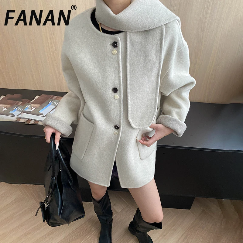 

FANAN Temperament Wool Coats For Women Scarf Collar Design Single Breasted Elegant Warm Outwear Fashion Clothing Winter New
