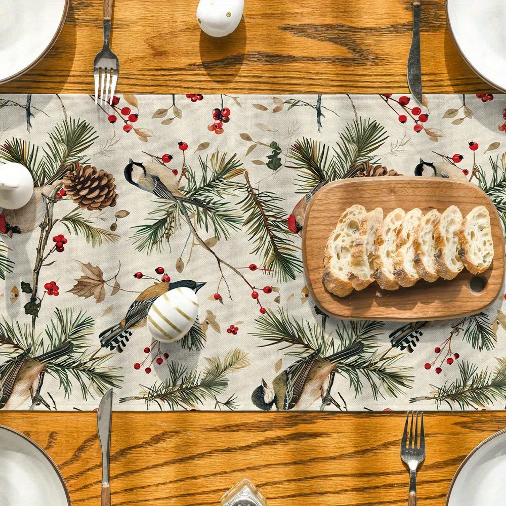 Christmas Table Runner 1PCS Festive Bird Branches Holiday Dining Kitchen Table Decor Christmas Party and Home Room Decor