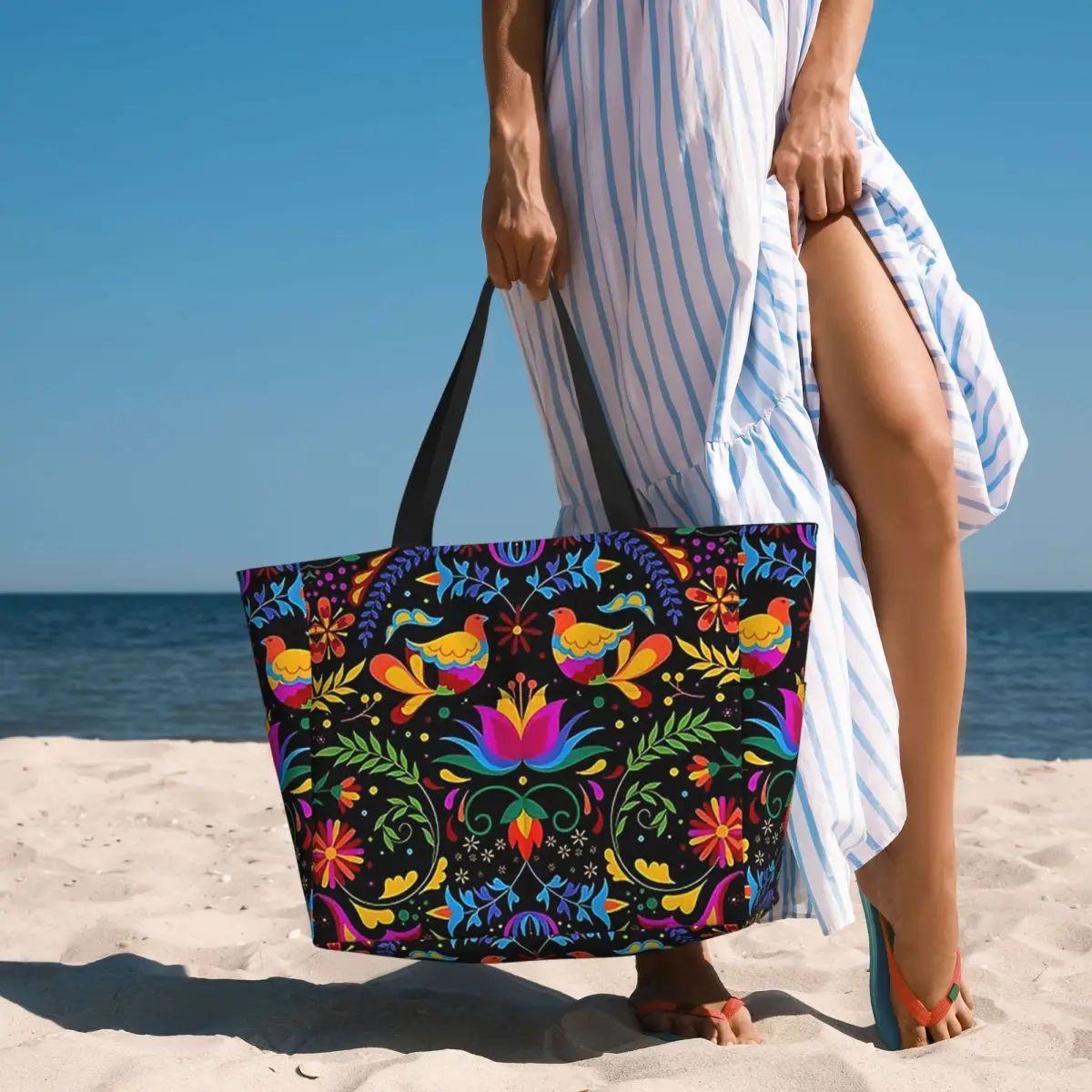 Mexican Flowers And Birds Beach Tote Bag Sport Gym Yoga Duffle Large Tote Bag Women Travel Bag Fitness bag