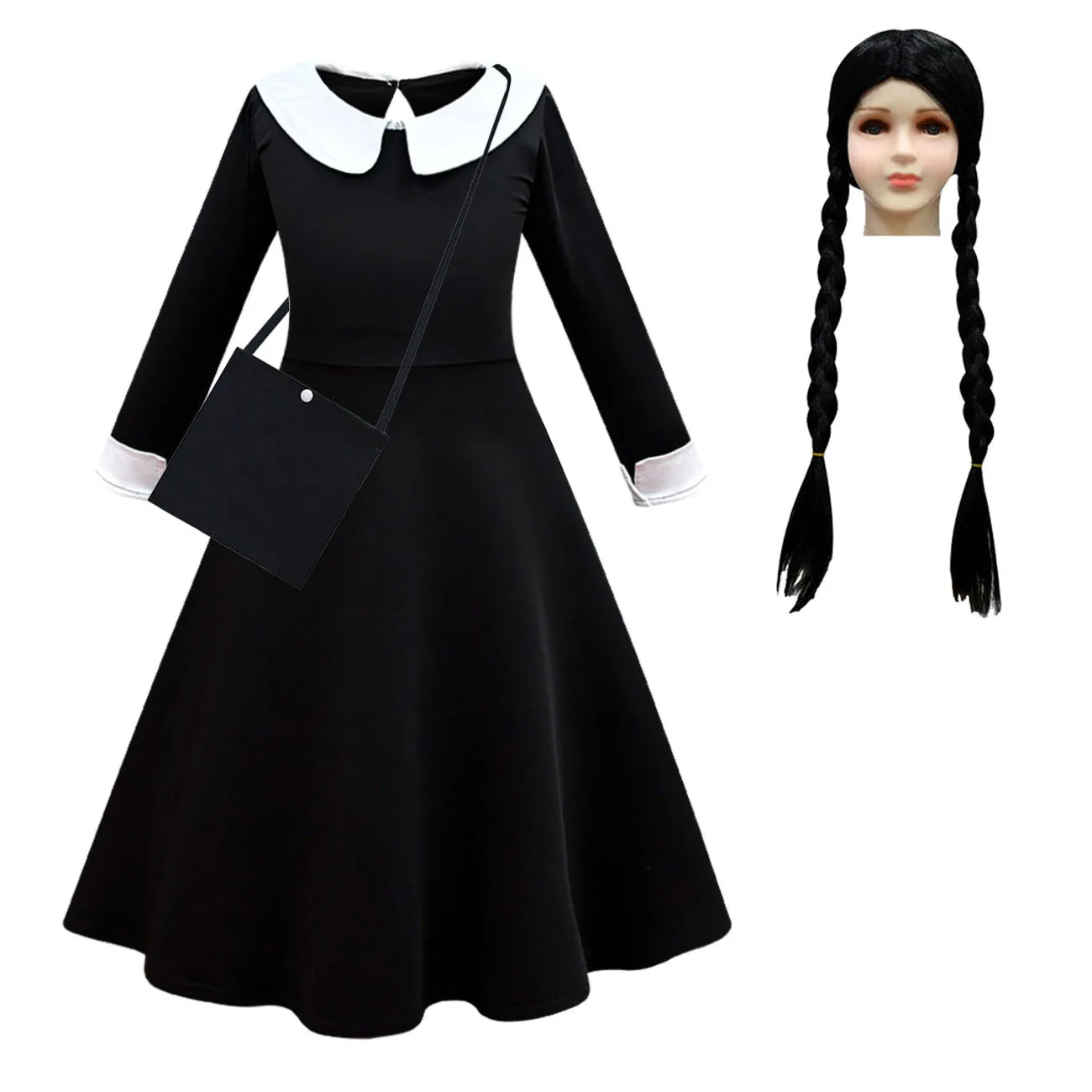 High Quality The Addams Christina Family Cosplay Black Long Dress Costumes with Bag for Girls  Party Carnival Halloween