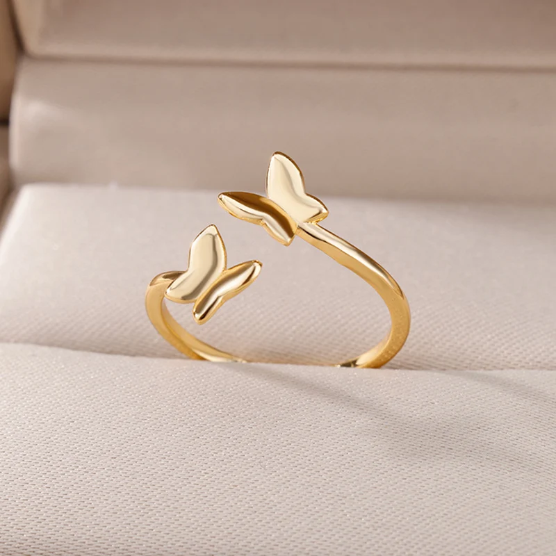 Double Butterfly Open Rings For Women Gold Color Stainless Steel Ring Female Fashion Engagement Wedding Jewelry Gift 2022